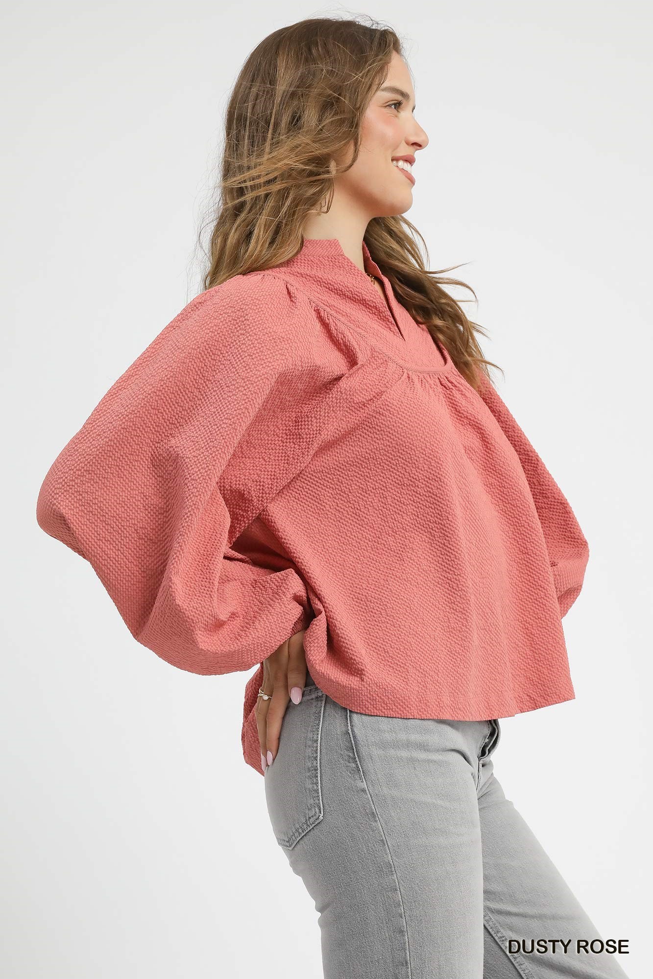 Umgee Textured Notched Blouse with Balloon Sleeves