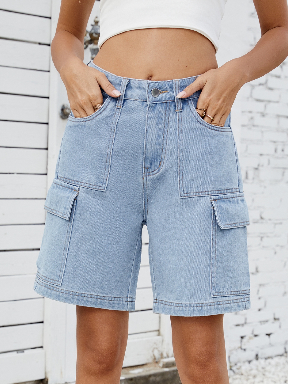 High Waist Denim Shorts with Cargo Pockets