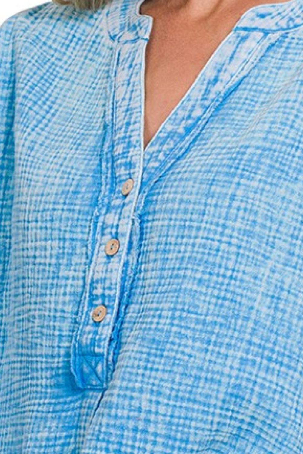 Washed Double Gauze 3/4 Button Henley Neck Shirt