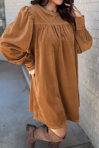 Corduroy Puff Sleeve Mini Dress - Premium Quality Dropshipping Women Dresses  | No Minimum Order, Fast Shipping & Custom Branding - Trendsi
