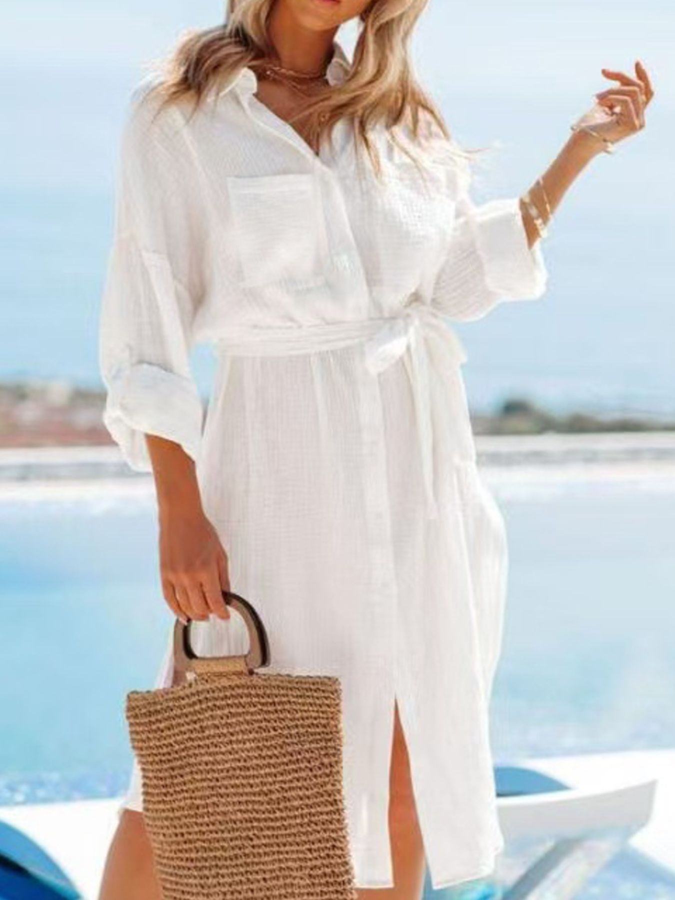 Button Down Tie Waist Shirt Dress