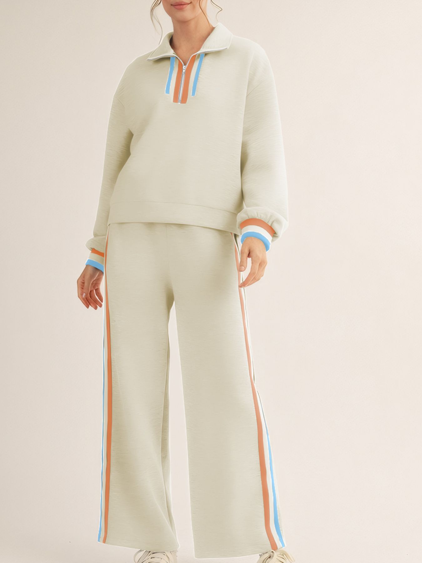 Casual Striped Quarter Zip Top and Pants Set