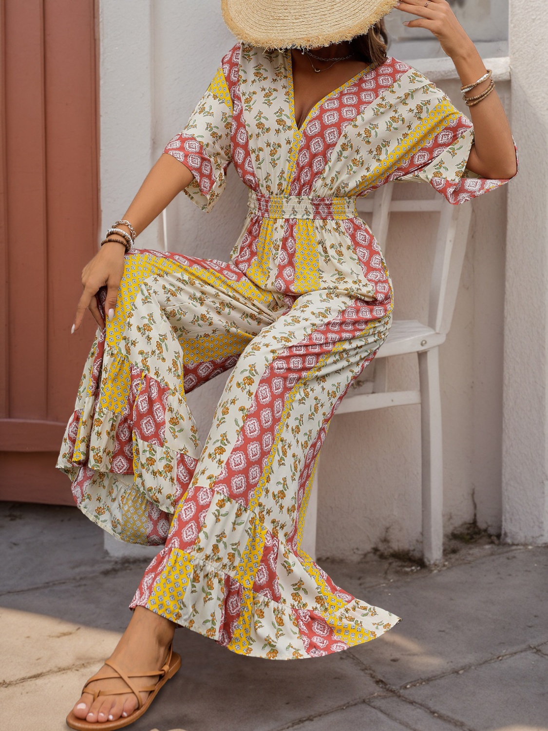 Ruffled Hem Printed V-Neck Jumpsuit