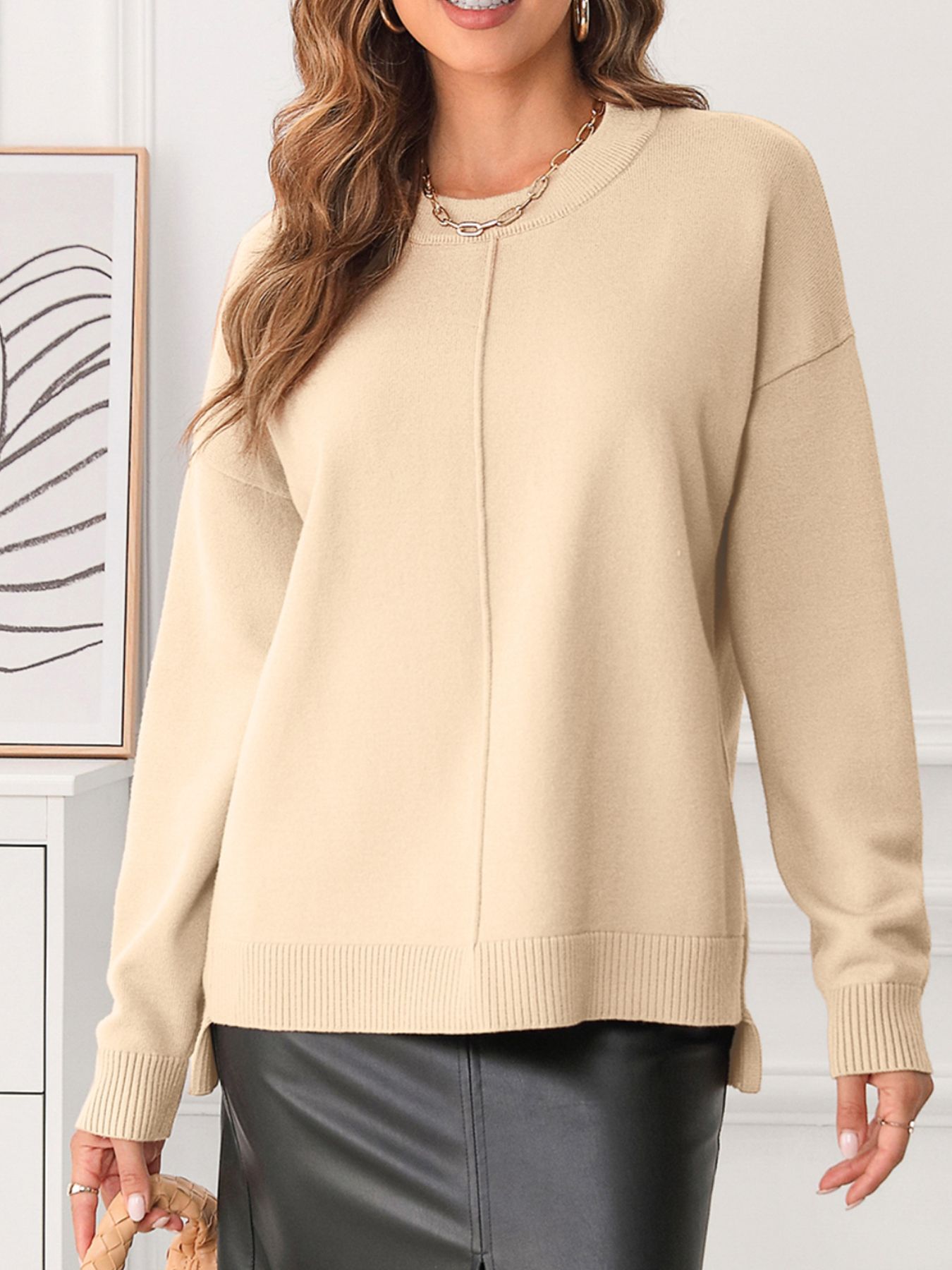 Front Center Seam Drop Shoulder Solid Sweater