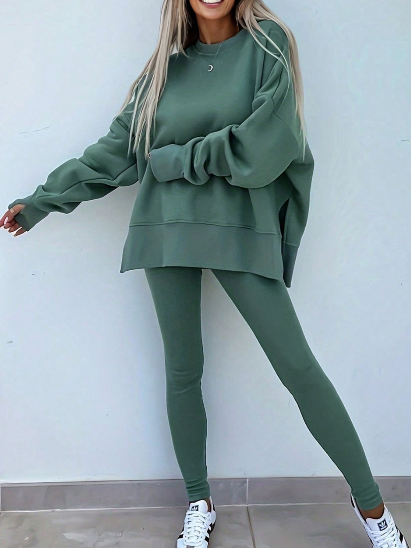 Solid Color Oversize Slit Sweatshirt and Ribbed Leggings 2pcs Set