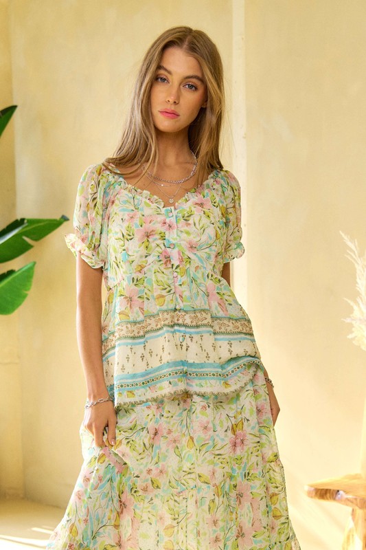 Spring Floral Border Print Ruffled Textured Top