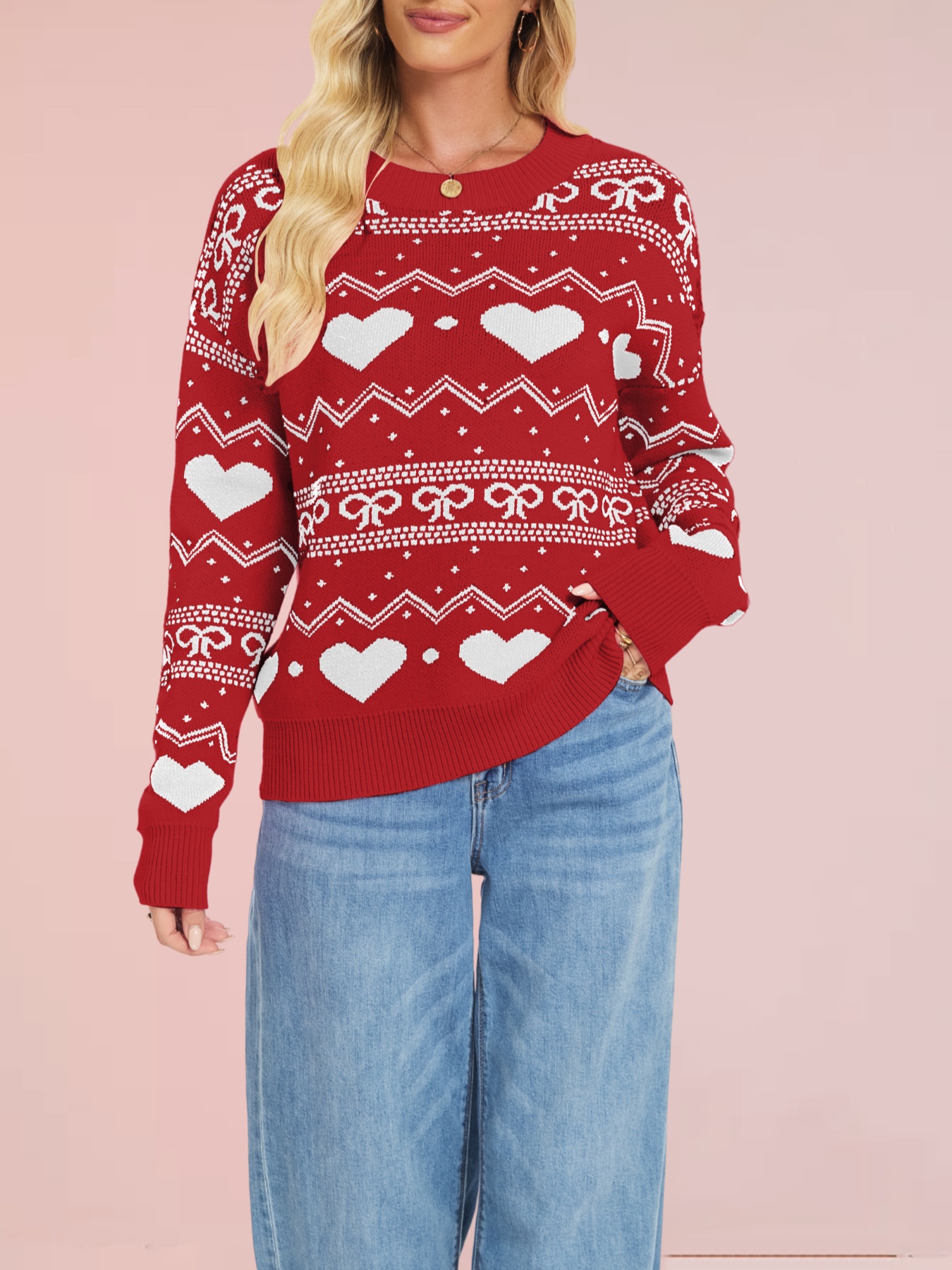 Heart & Bow Pattern Round Neck Sweater