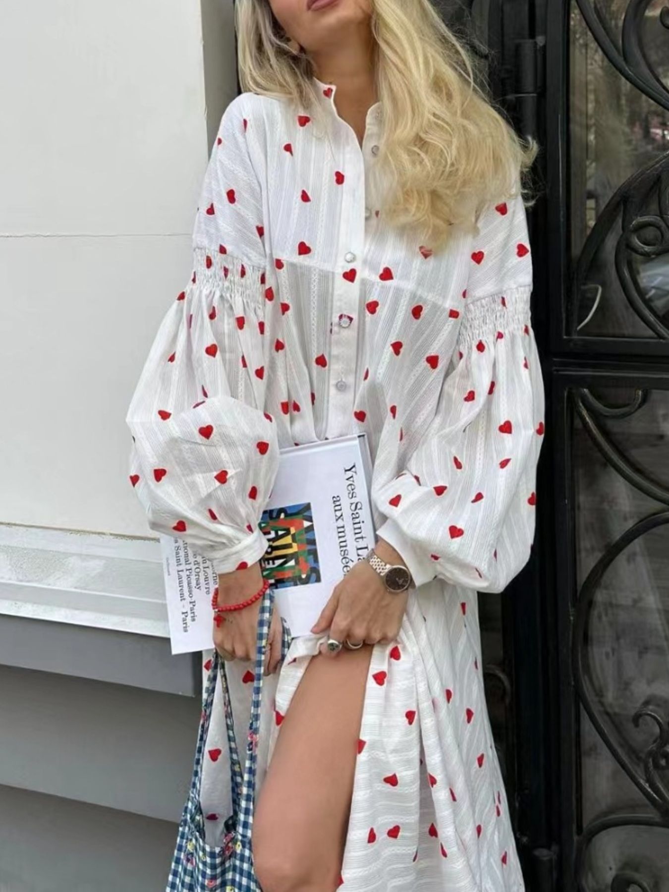 Heart Print Maxi Dress with Puff Sleeves