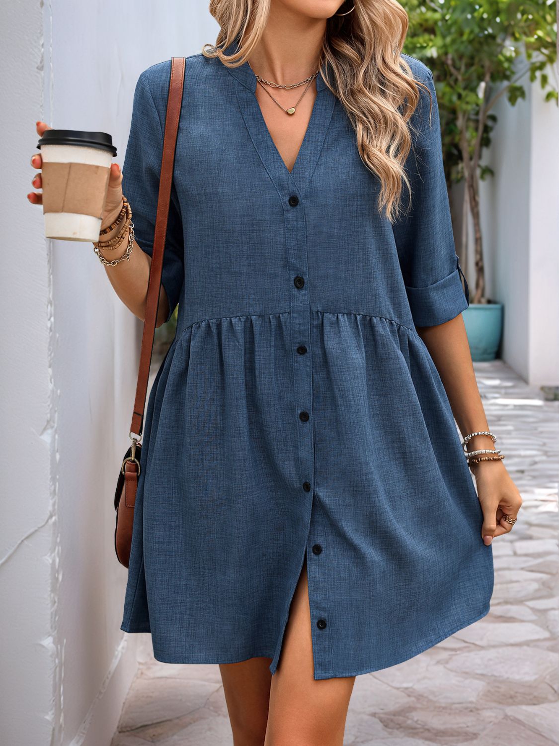 Button Down Notched Half Sleeve Mini Shirt Dress