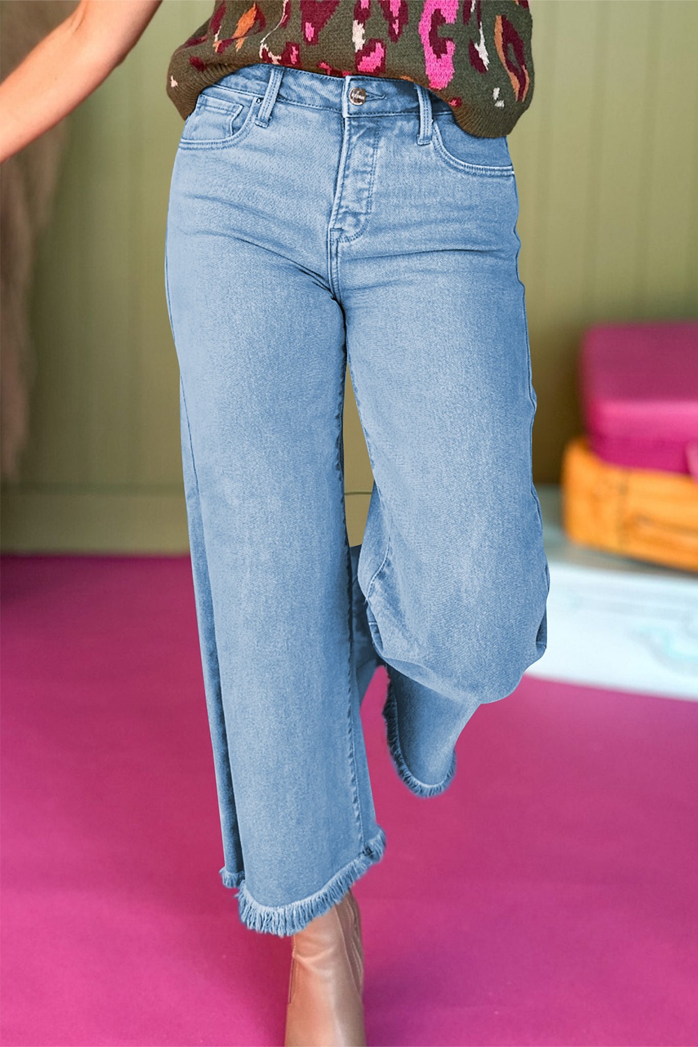 High-Waisted Wide Leg Frayed Hem Jeans