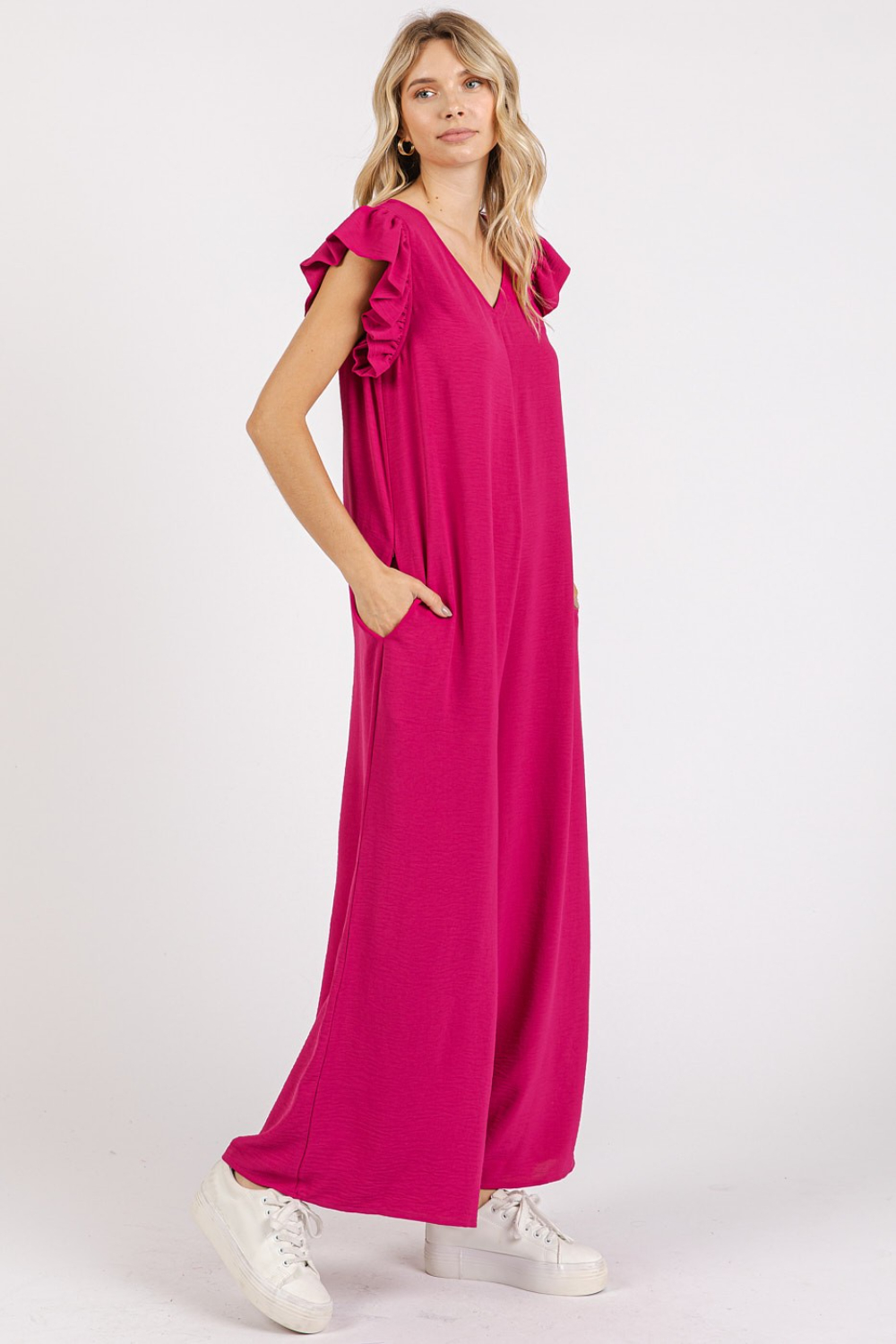 V-Neck Ruffled Cap Sleeve Wide Leg Jumpsuit