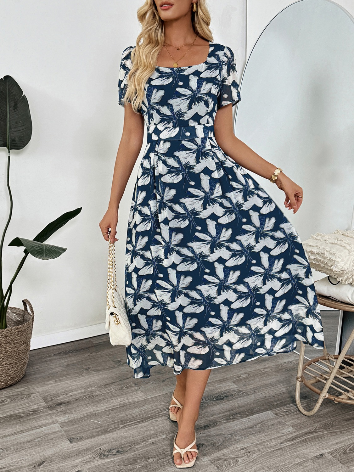 Printed Square Neck Midi Dress