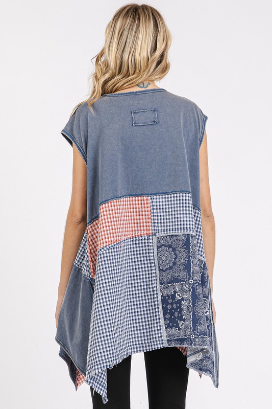 Patchwork Mineral Washed Round Neck Cap Sleeve Top