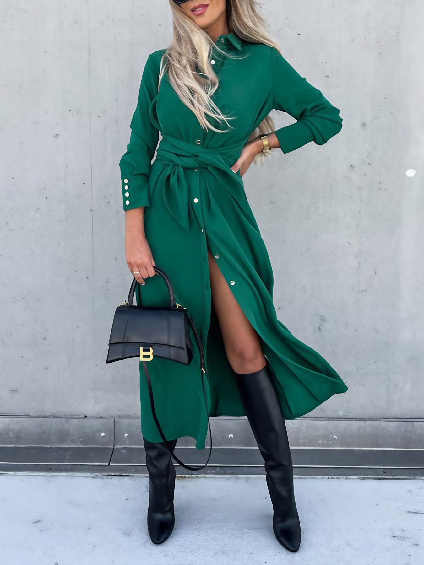 Button Front Long Sleeve Shirt Dress