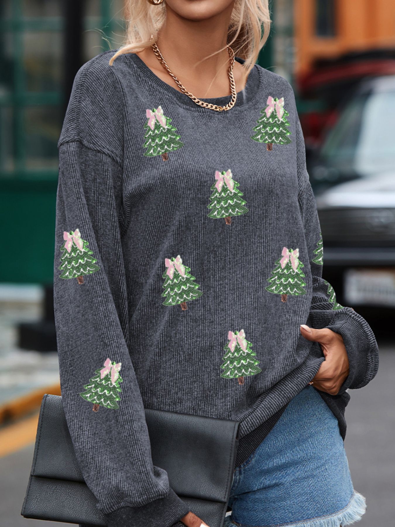 Ribbed Round Neck Sequin Christmas Tree Patched Baggy Sweatshirt