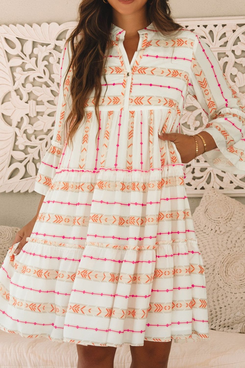 Printed Ruffled Notched Loose Dress