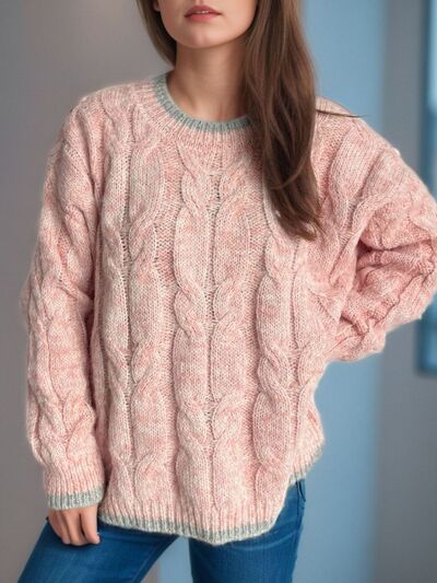 Cable Knit Round Neck Long Sleeve Sweater - Premium Quality