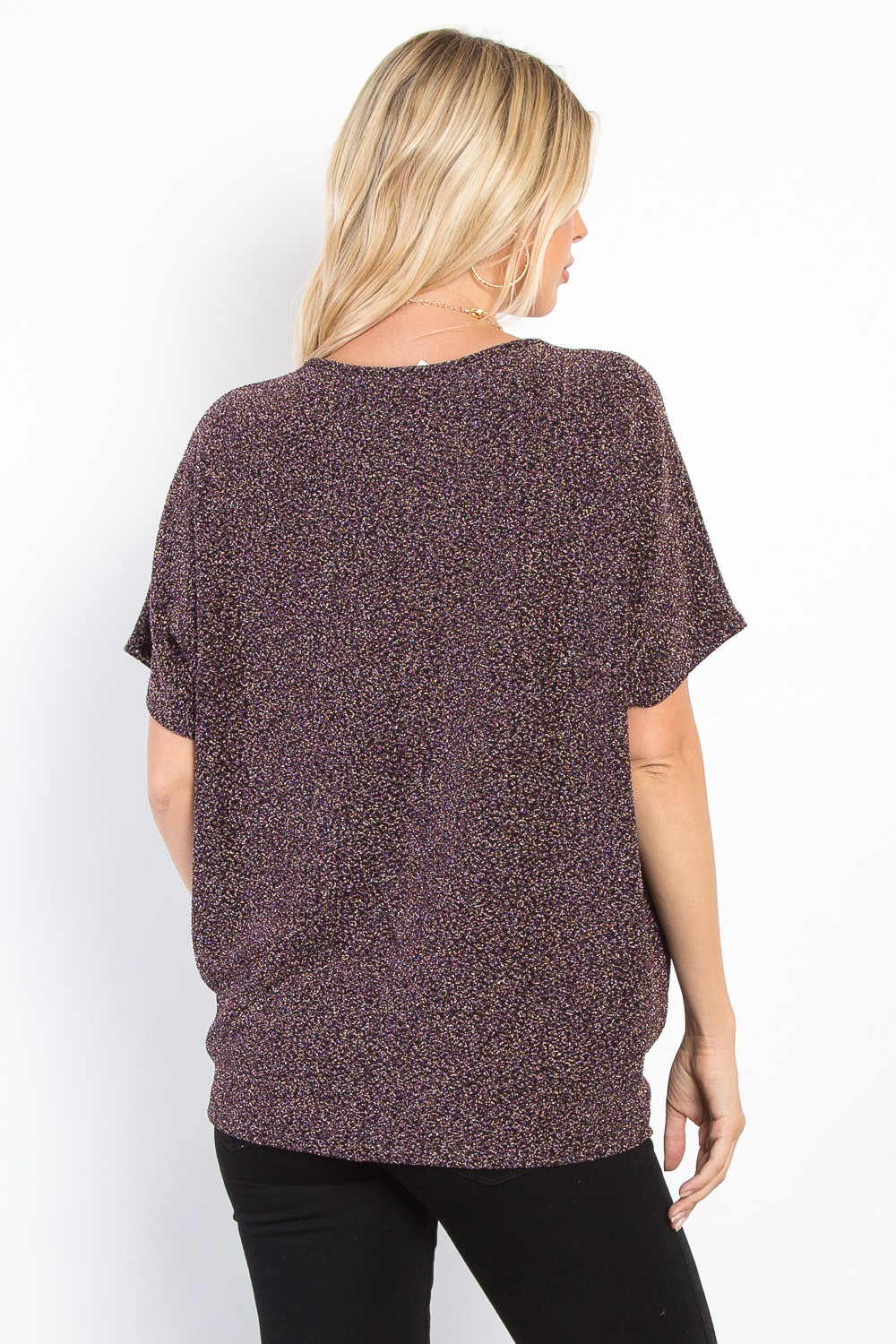Full Size Lurex Center Elastic Cinched Knit Top