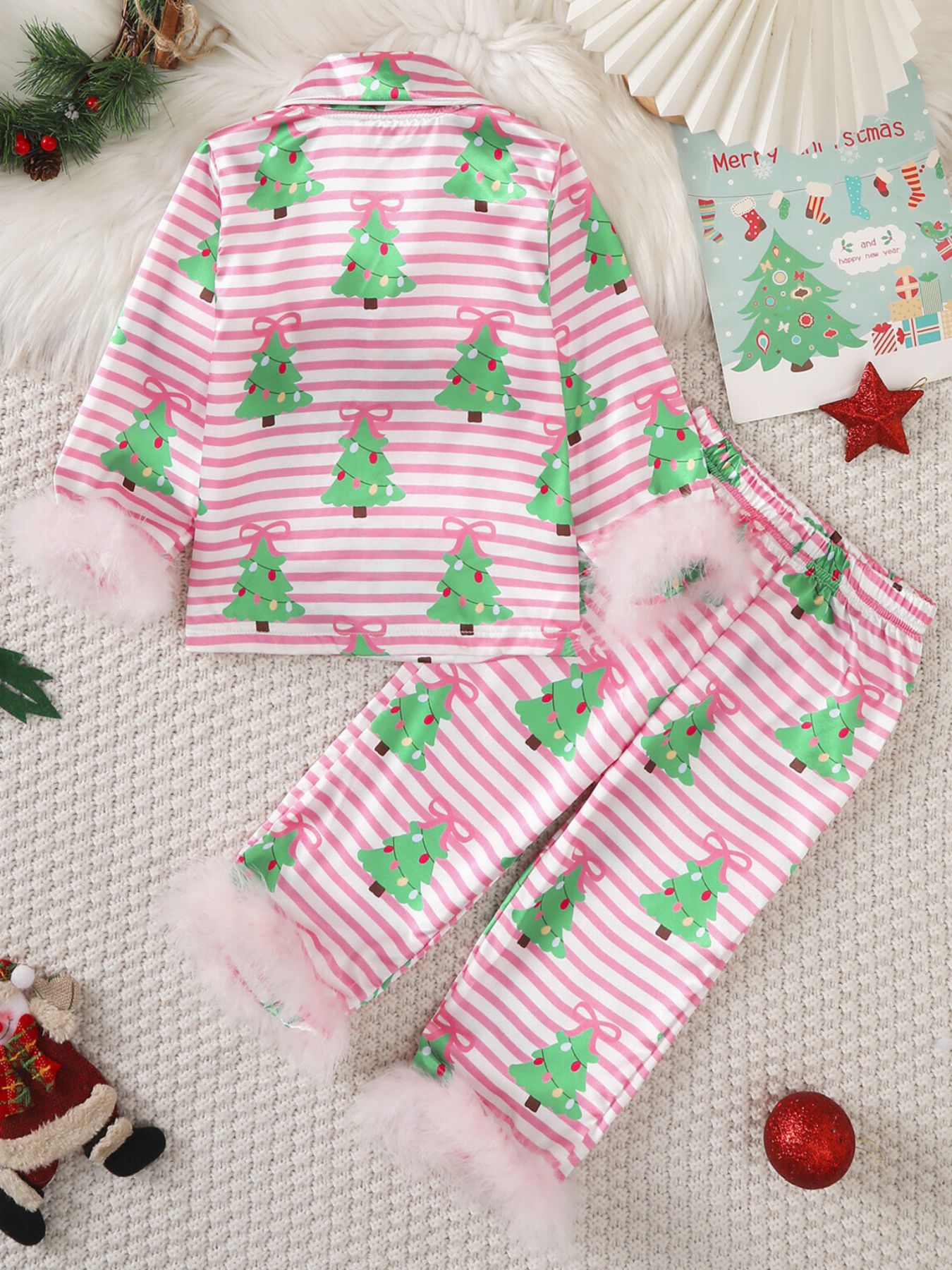 Children's Christmas Tree Print Fluffy Cuff Pajama Set