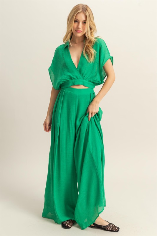 Kimono Sleeve Crop Top and Wide Leg Pants Set