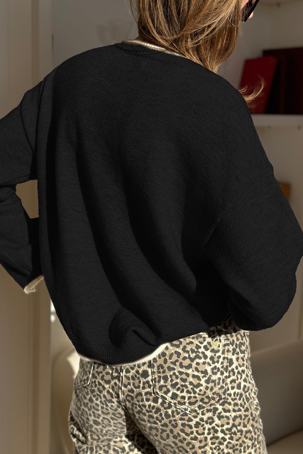 Leopard Bow Decor Split Cuff Contrast Trim Sweater
