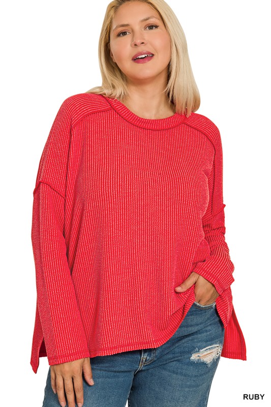 Full Size Exposed Seam Long Sleeve Corded Rib Knit Top Plus Size