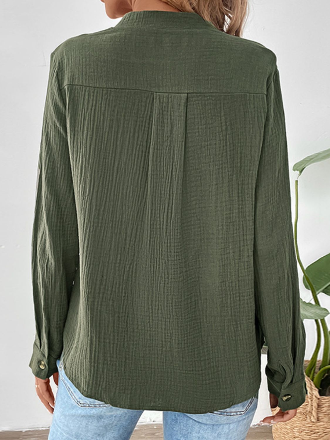 Textured Notched Long Sleeve Blouse