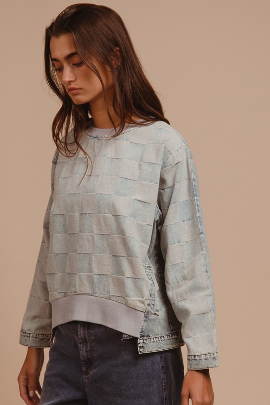 Mineral Washed Checkered Round Neck Denim Top