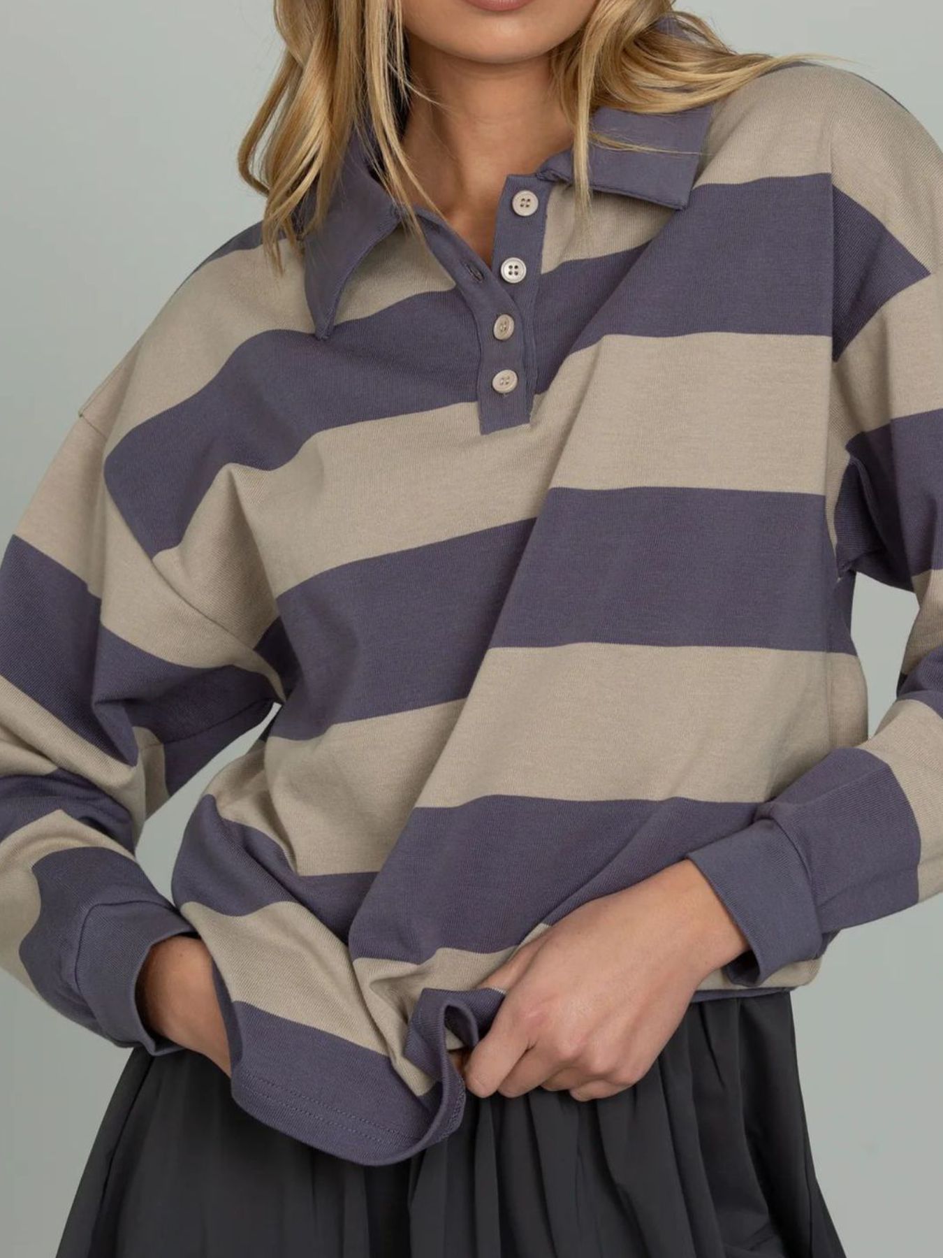 Striped Polo Collar Sweatshirt with Button Details 1