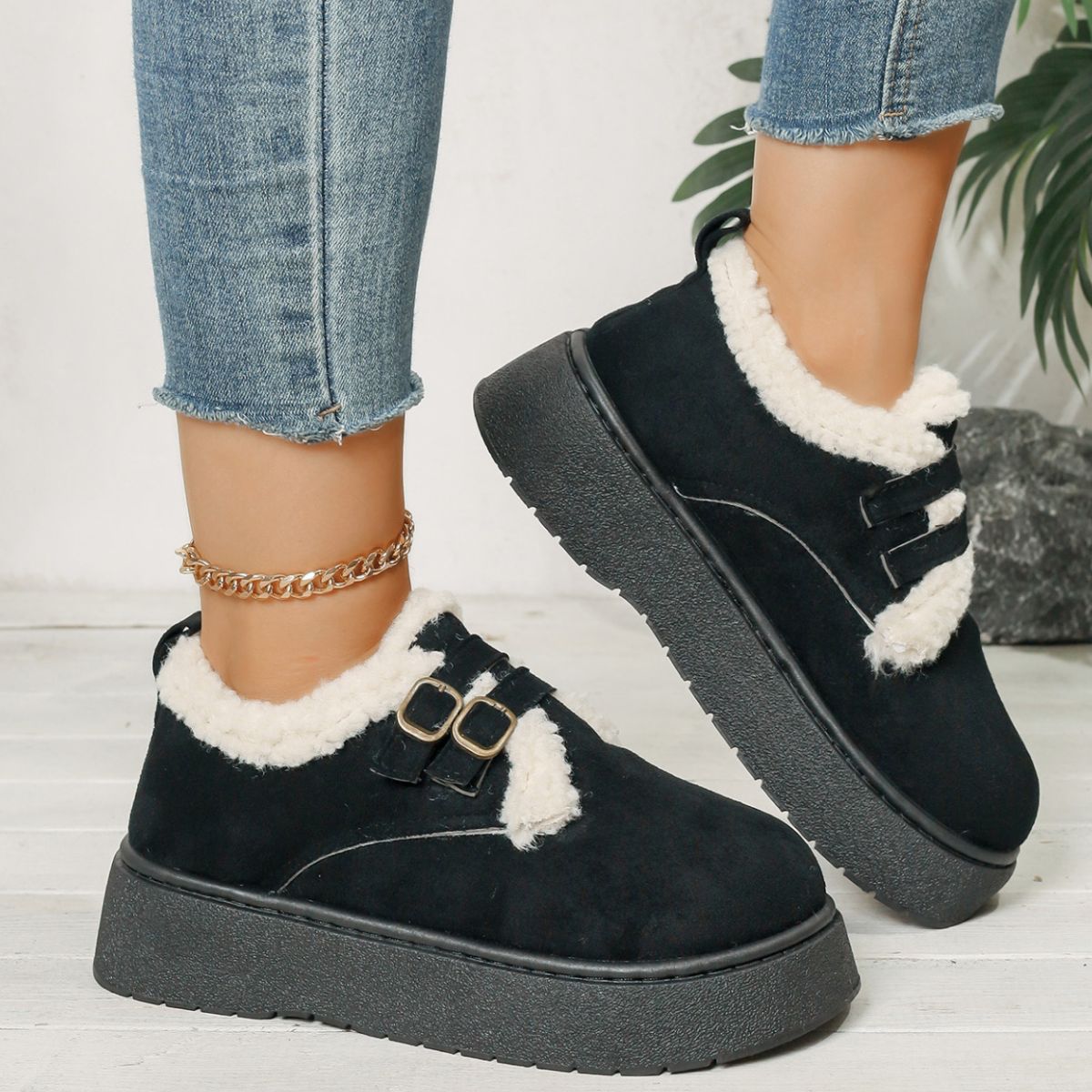 Buckle Strap Faux Fur Trim Platform Boots