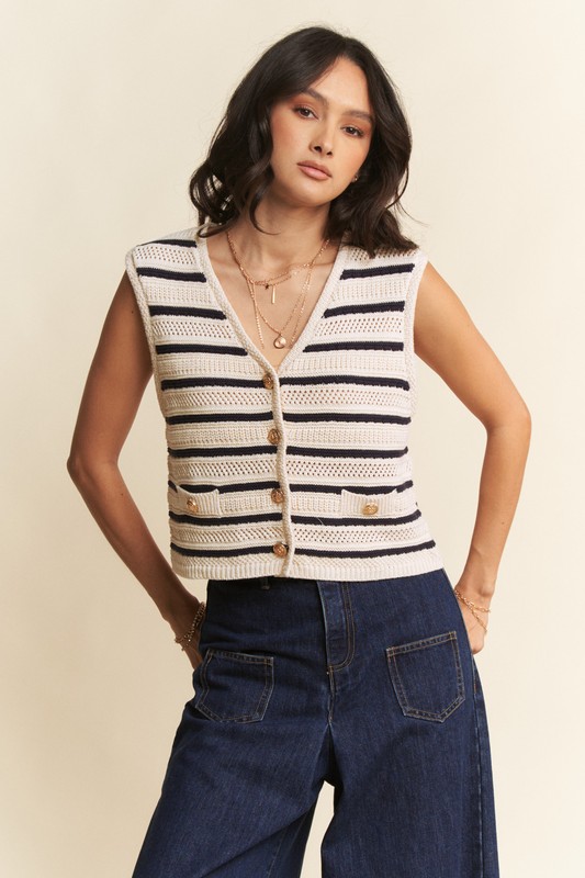 Sleeveless Cropped Striped Sweater Knit Vest Top