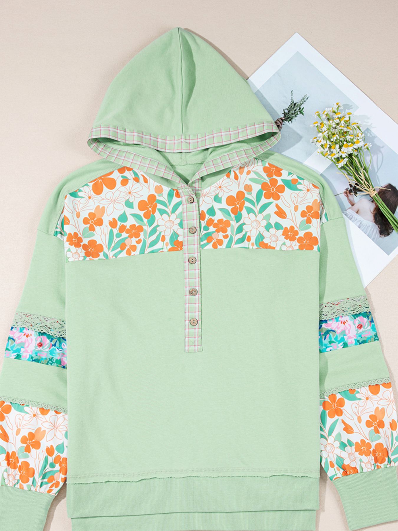 Lace Floral Patchwork Half Button Hooded Top