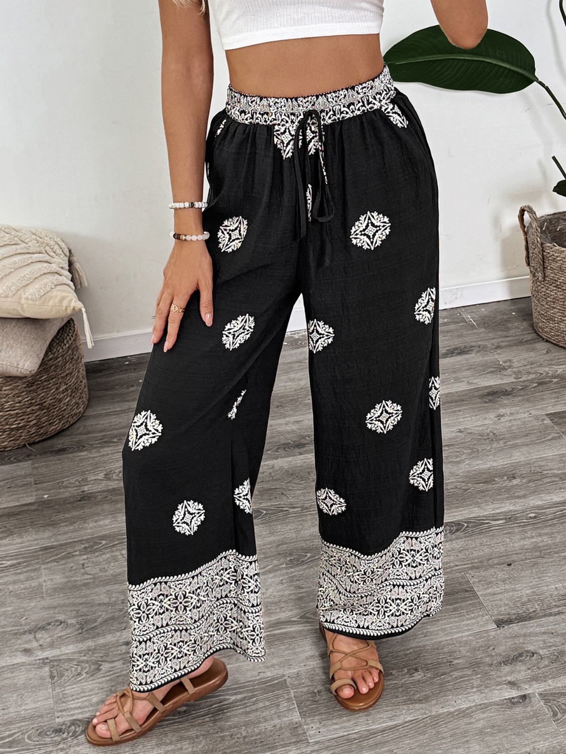 Boho Print Wide Leg Pants