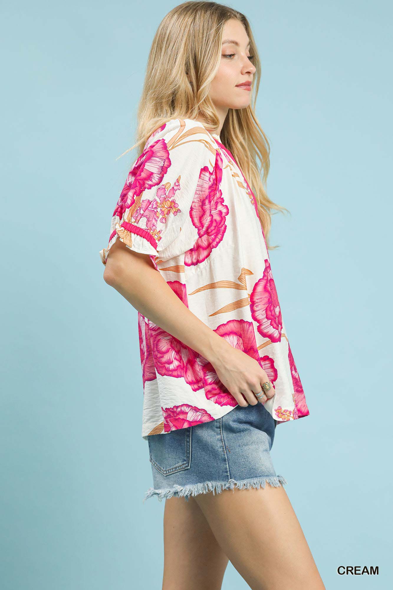 Umgee Floral V-Neck Puff Sleeve Blouse