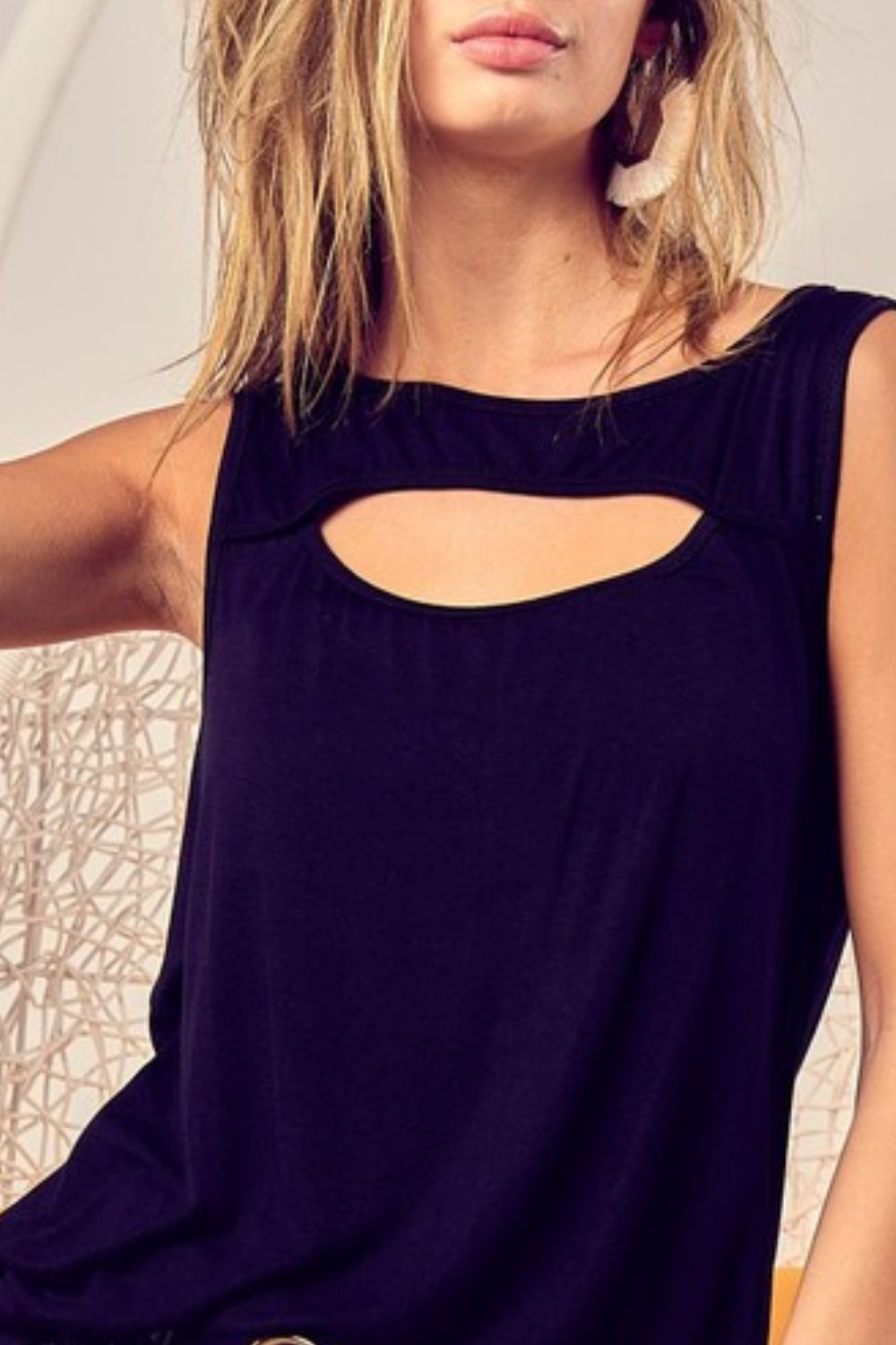 Rayon Span Knit With Cut Out Front Sleeveless Top