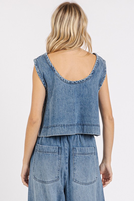 Washed Denim Distressed Detail Crop Tank