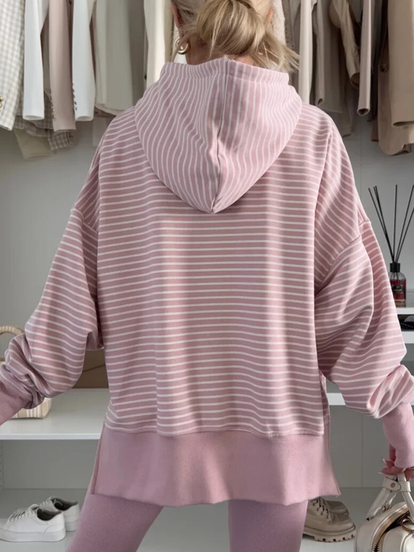 Stripe Thumbhole Side Slits Drop Shoulder Loose Fit Hoodie
