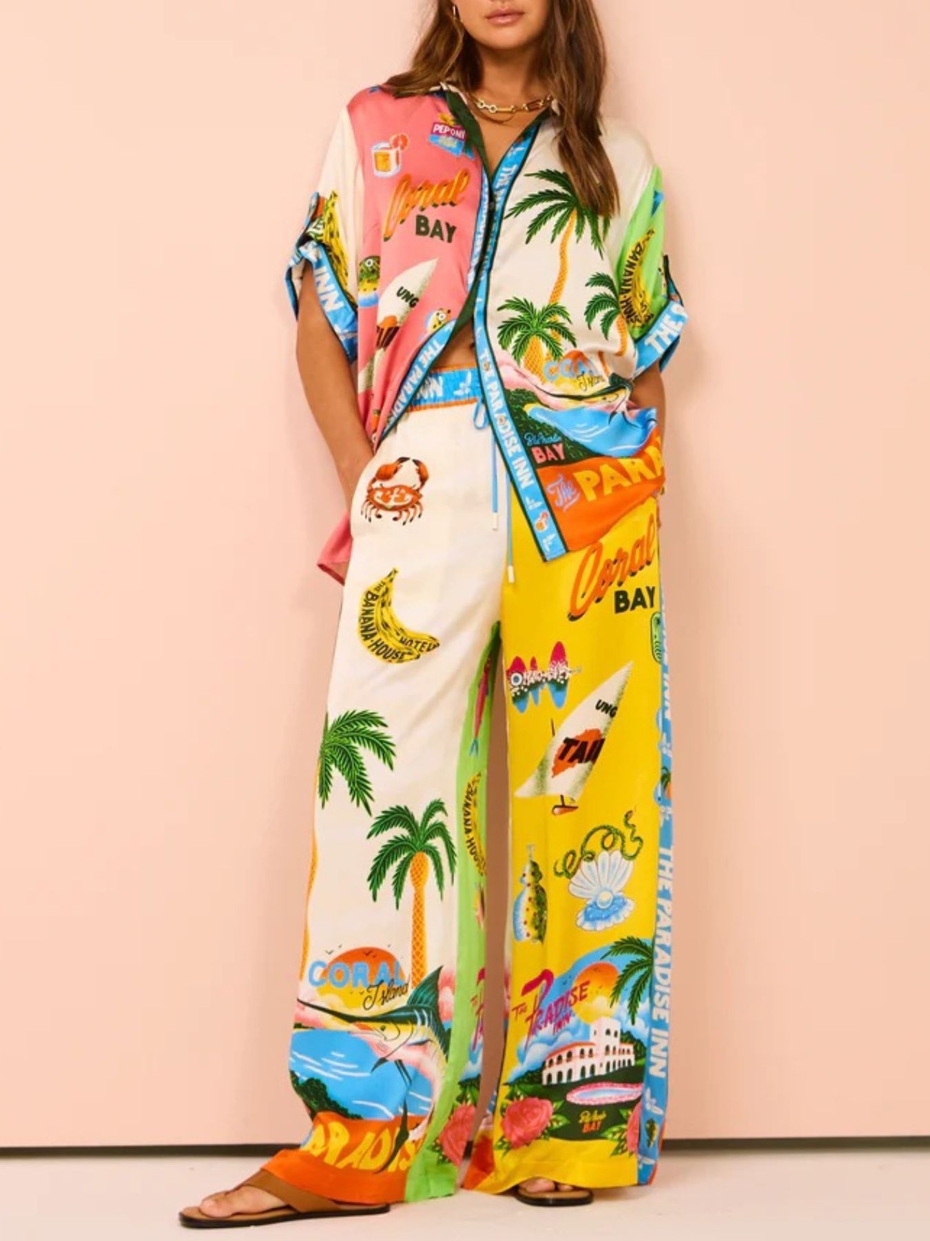 Printed Half Sleeve Shirt and Wide Leg Pants Set