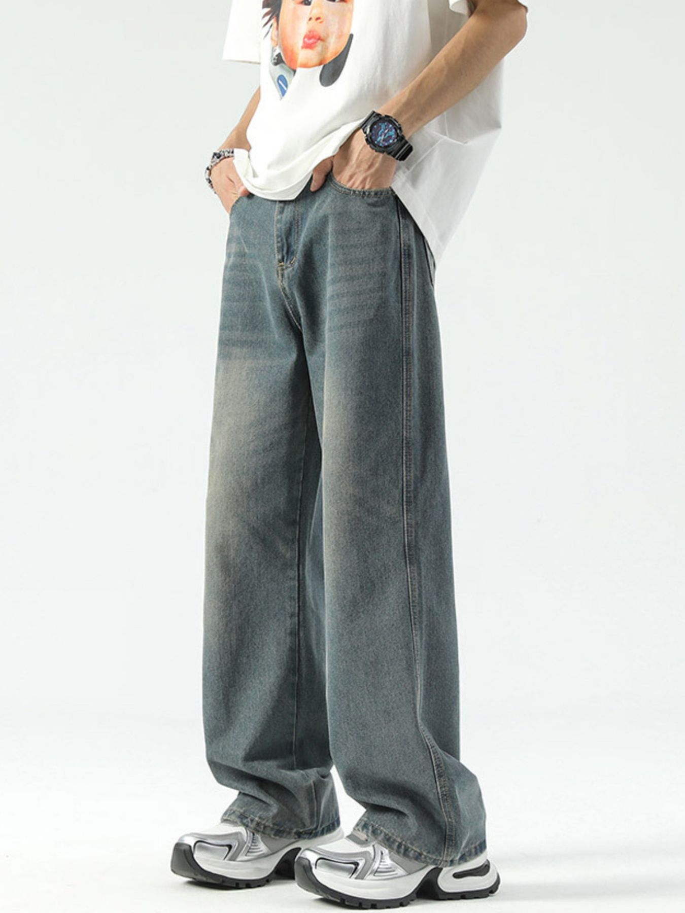 Men's Full Size Vintage Wash Wide Leg Jeans Plus Size