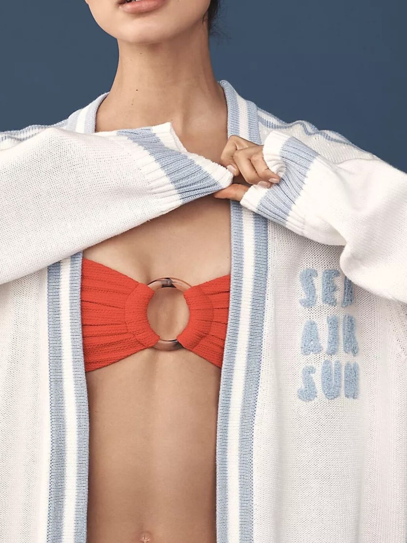 Seashell Embroidered Open Front Cardigan