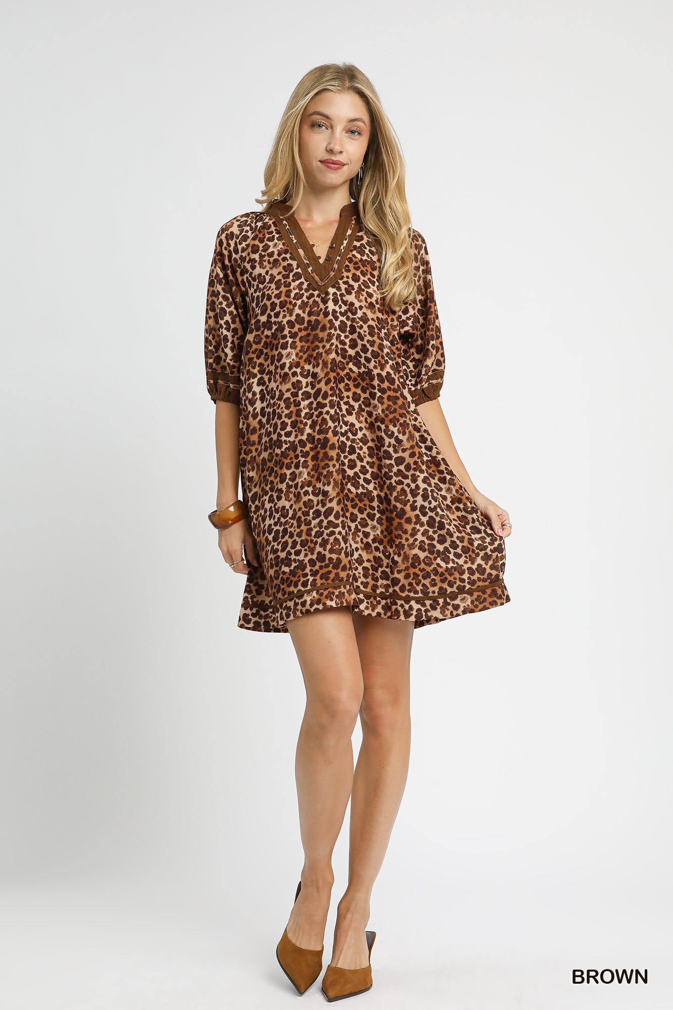 Umgee Full Size Leopard Print Mini Dress with Contrast Trim Plus Size