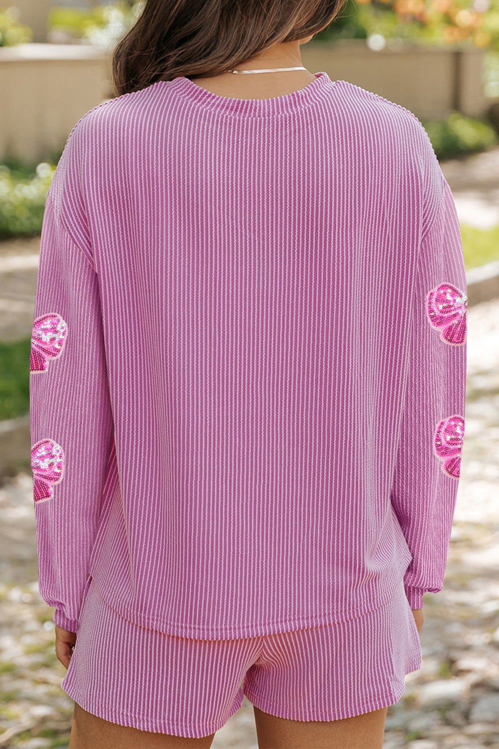 Corded Rib Sequin Bow Patched Long Sleeve Top and Shorts 2pcs Set