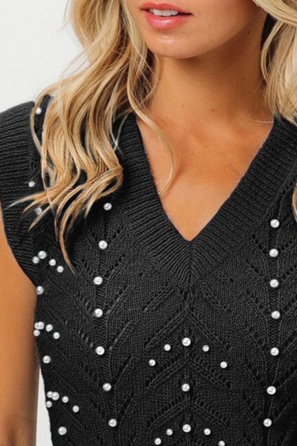 Chevron Pointelle Pearl Knit Top