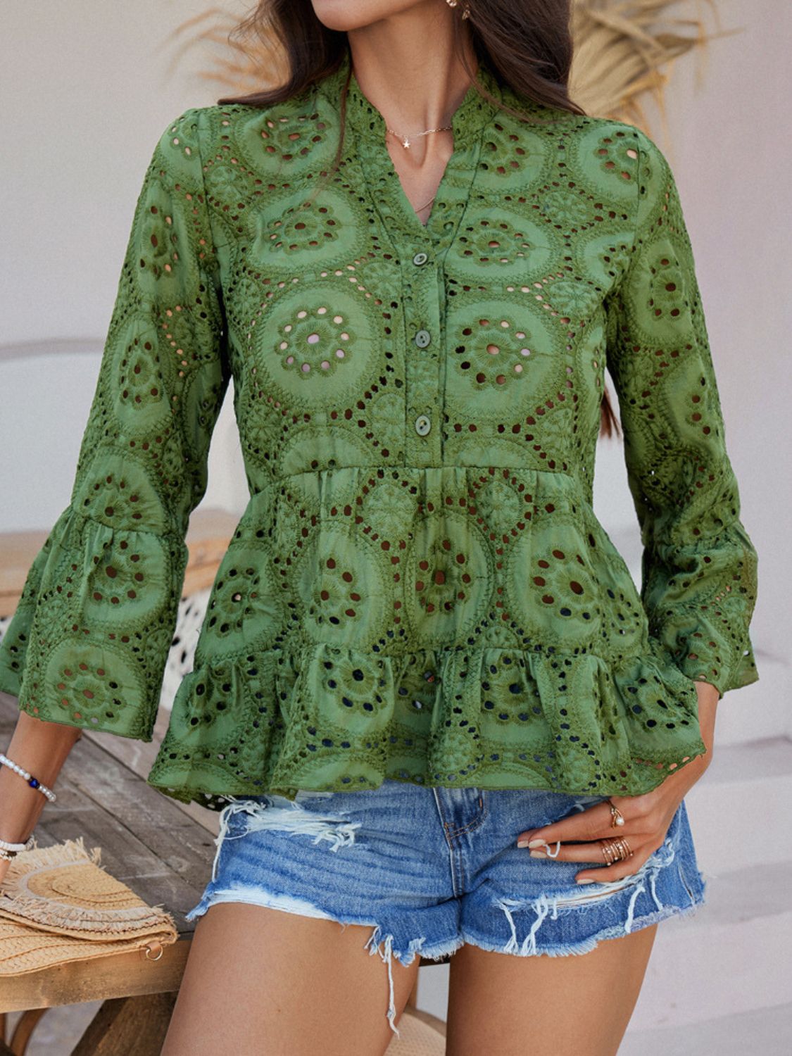 Half Button Flounce Sleeve Peplum Blouse