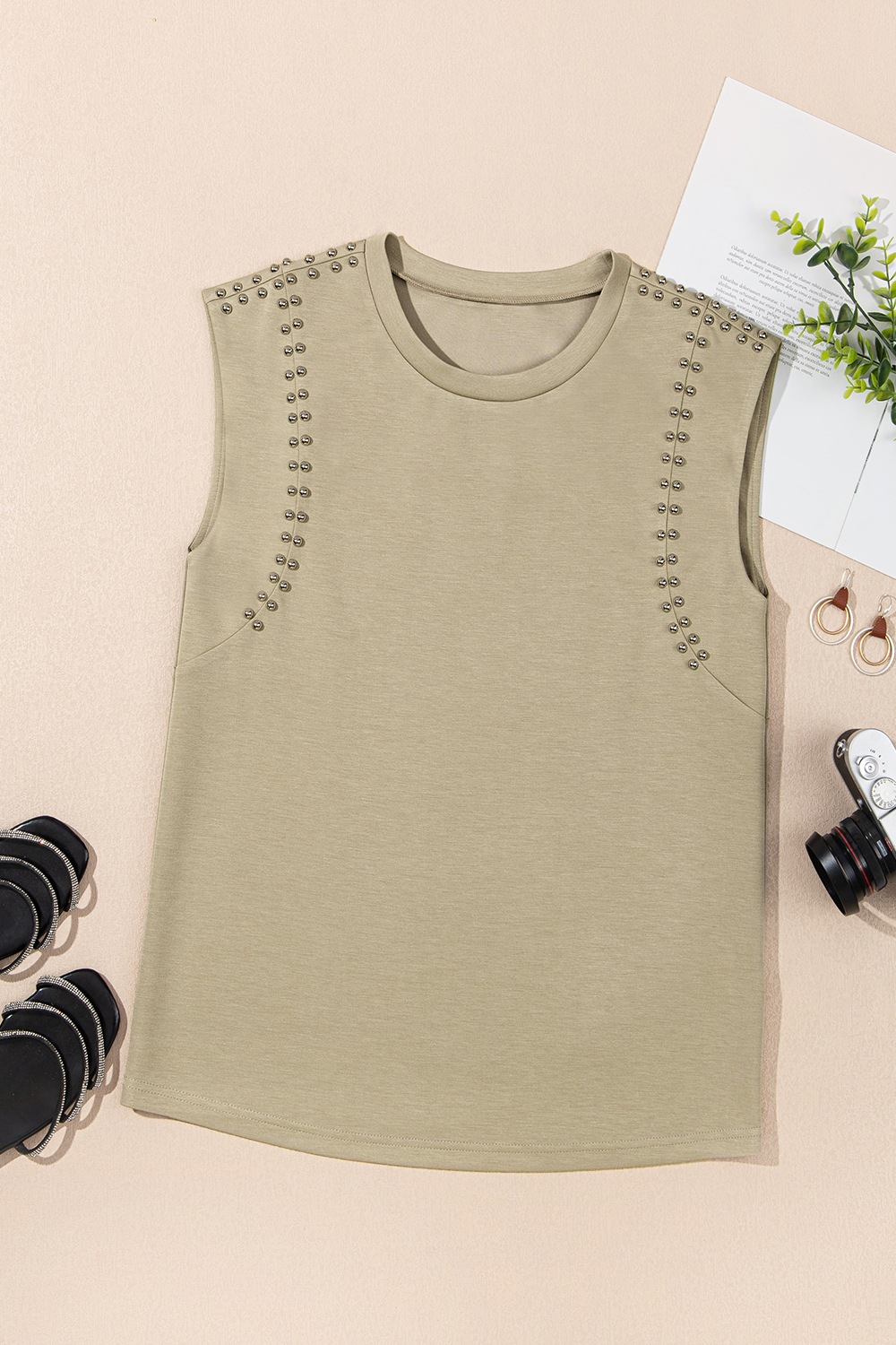 Studded Cap Sleeve Round Neck T Shirt
