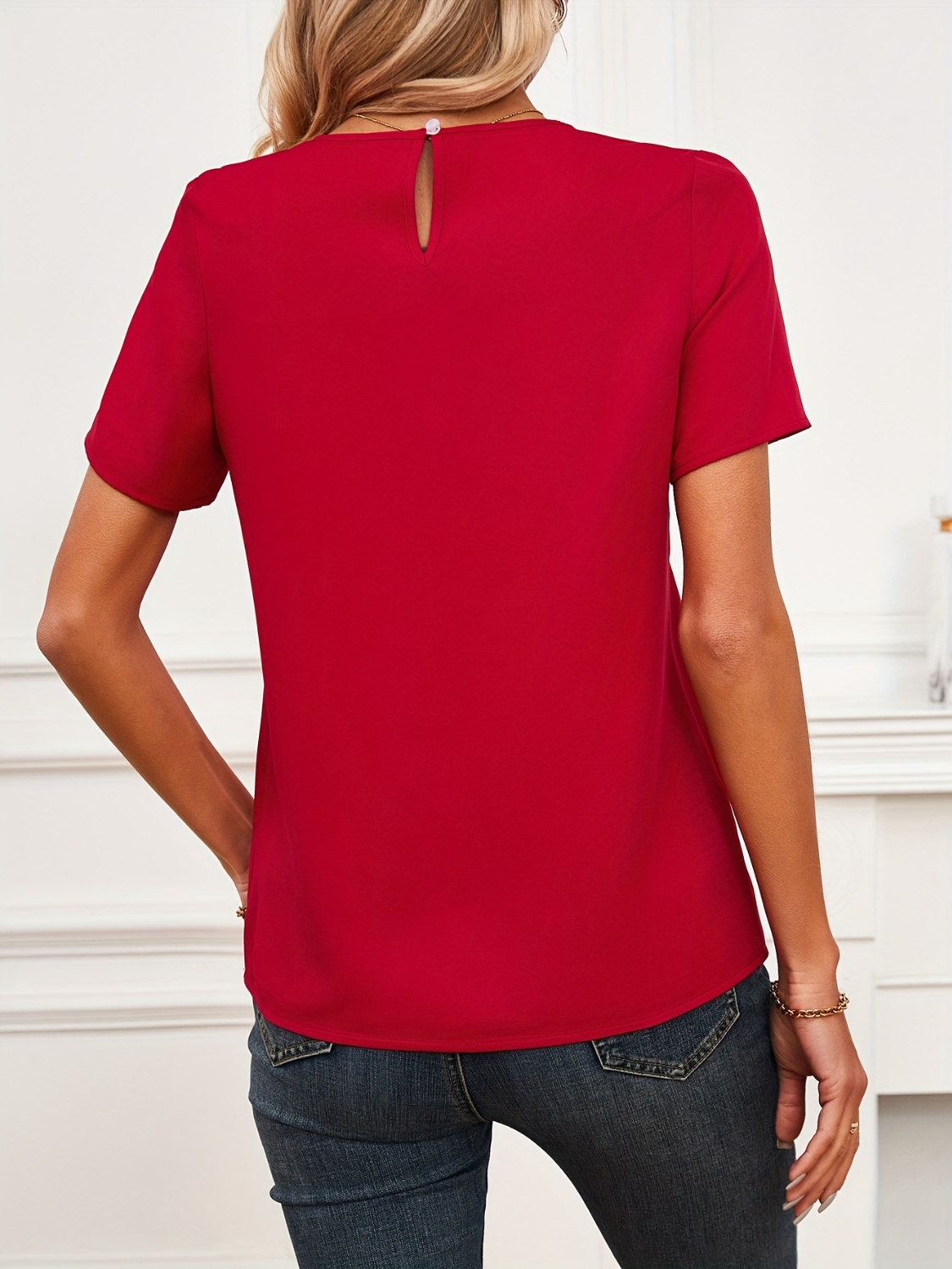 Lace Mesh Panel Short Sleeve Blouse