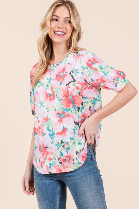 Floral Round Neck Puff Sleeve Top