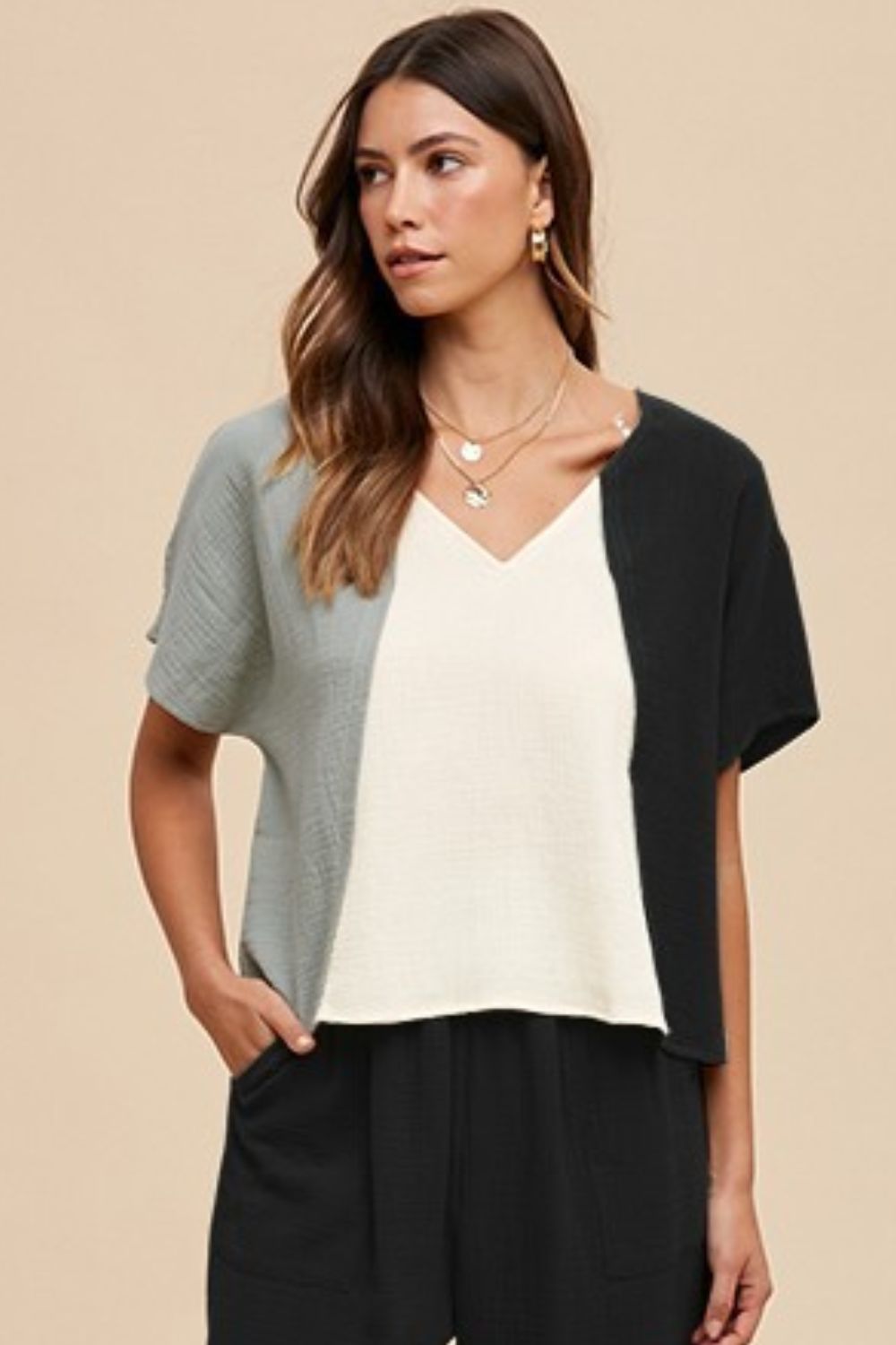 Color Block Cotton Gauze V-Neck Top