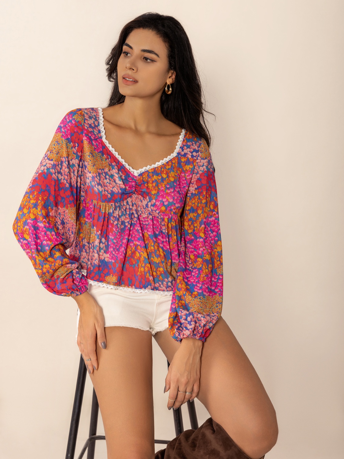 Lace Detail Printed Balloon Sleeve Top