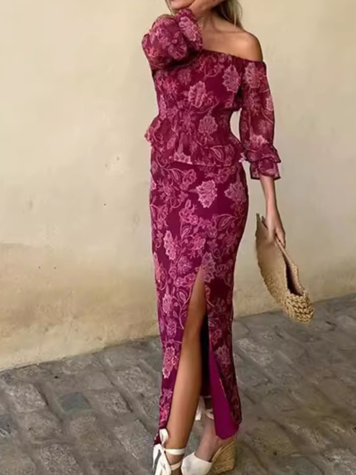 Printed Flounce Sleeve Top and Slit Skirt Set